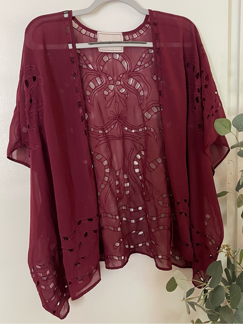 Sheer Embroidered Open-Front Blouse - Burgundy